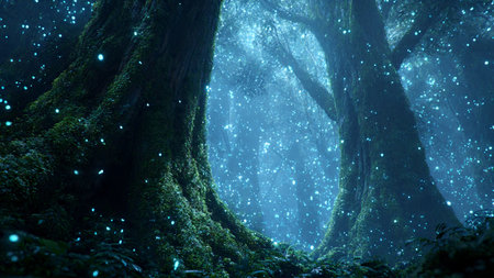 Beautiful fantasy forest with light rays and glowing stars. 3d rendering