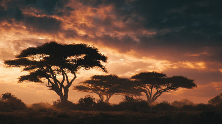 Silhouette of acacia trees at sunset in Serengeti National Park, Tanzaniaの写真素材