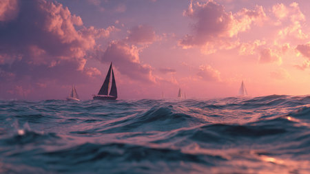 Sailing boats in the sea at sunset. 3d illustration.の写真素材