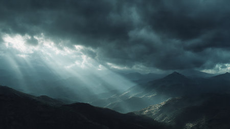 Dramatic sky with sunbeams and clouds over the mountainsの写真素材