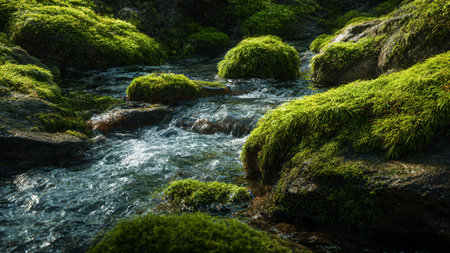 Mossy rocks and clear water in a mountain stream. Nature background