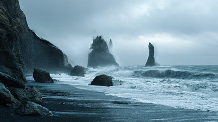 Black sand beach at Reynisfjara, Iceland. Toned.