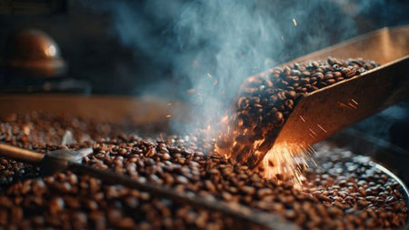 Roasted coffee beans being poured into a metal scoop on a wooden background