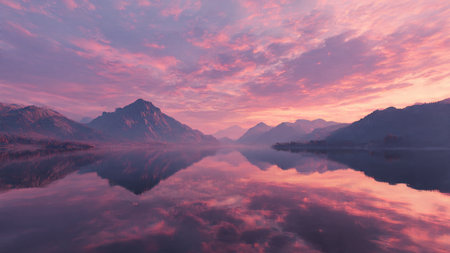 Fantastic sunrise over the lake in the mountains. 3d rendering