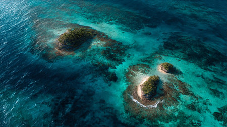 Aerial view of a small island in the turquoise seaの写真素材