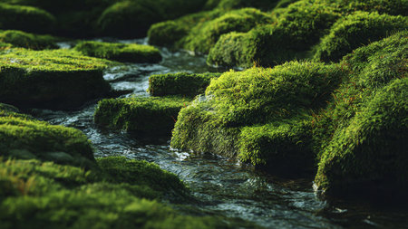 Moss on the rocks in the river. Beautiful nature background.の写真素材