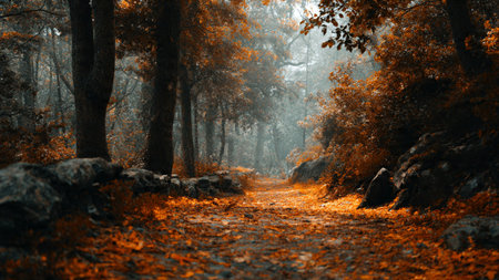 Pathway in the autumn forest with fallen leaves in the fog.