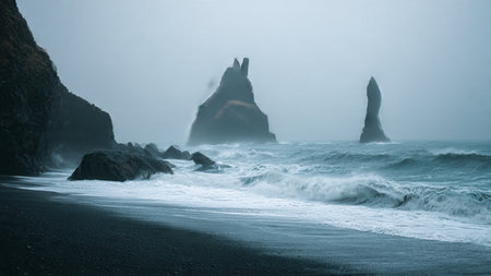 Black sand Reynisfjara beach in a foggy day, Icelandの写真素材
