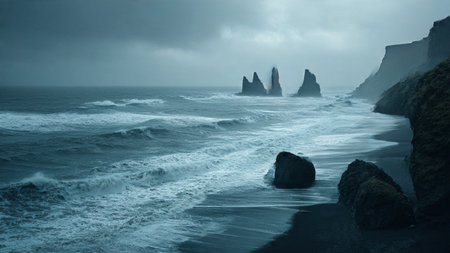 Famous Reynisfjara cliffs in the Atlantic Ocean, Icelandの写真素材