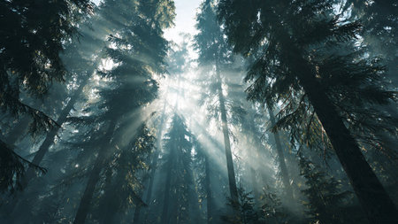 Sun rays through the trees in the coniferous forest in the fogの写真素材