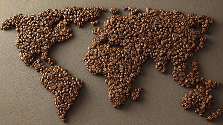 Coffee beans on the world map. 3D illustration.の写真素材