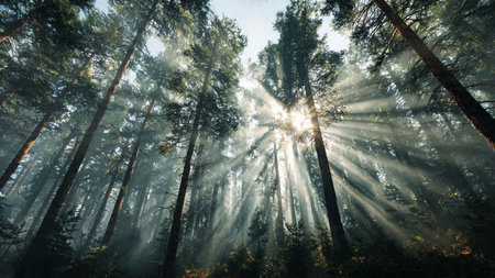 Foggy morning in the forest with sun rays and lens flare