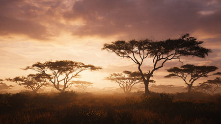 African savannah at sunset with tree silhouettes in the foreground.の写真素材