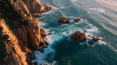 Aerial view of the sea and cliffs at sunset. Nature composition.