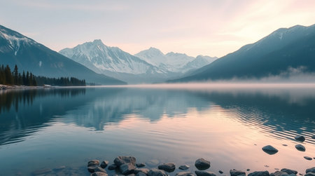 Mountain lake with reflection in the water at sunrise. Beautiful natural landscape.の写真素材