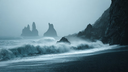 Foggy seascape at Reynisfjara Beach, Icelandの写真素材
