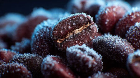 Frozen berries on a dark background. Macro. Selective focus.の写真素材