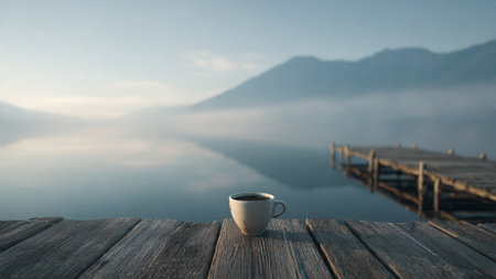 Cup of coffee on the wooden pier with foggy mountain backgroundの写真素材