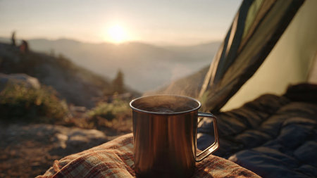 Cup of coffee on the background of a camping tent and a mountain landscapeの写真素材