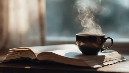 Cup of coffee and book on wooden table in front of windowの写真素材