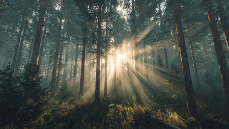 Magic misty forest with sunbeams and rays of light.