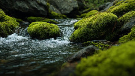 Mossy stones in the mountain stream. Selective focus.の写真素材