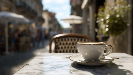 Cup of coffee on a table in a street cafe. Selective focus.の写真素材
