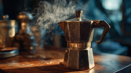Coffee moka pot on wooden table in coffee shop.の写真素材