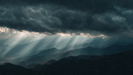 Sunset in the mountains. Dramatic sky with clouds and sunbeamsの写真素材