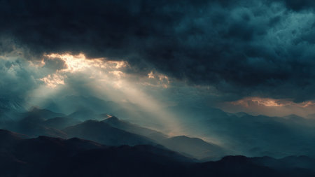 Dramatic sunset over the mountains in the rays of light.の写真素材
