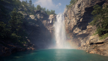 Beautiful waterfall in the forest with turquoise water and blue sky