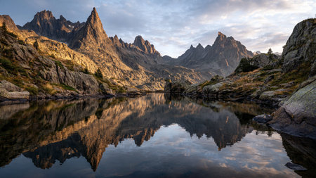 Sunset in the Dolomites with reflection in the lake, Italyの写真素材