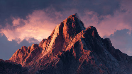 Panoramic view of the mountain peaks in the clouds at sunset