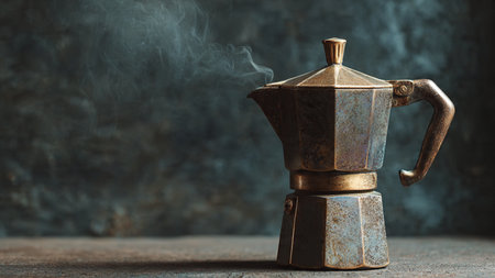 Vintage coffee maker on a wooden table with smoke in the backgroundの写真素材