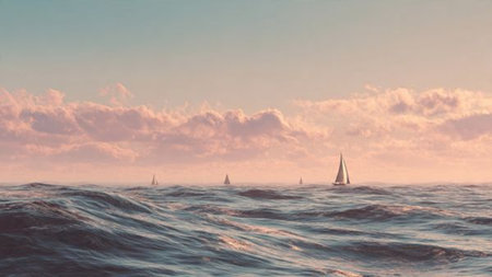 Sailing in the sea at sunset. 3d render illustration.の写真素材