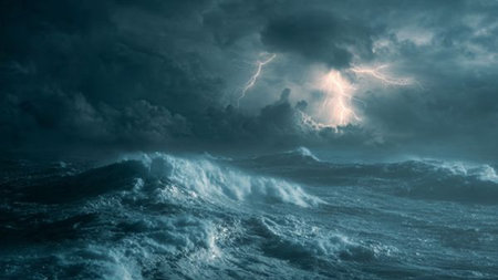 Stormy sea with stormy waves and lightning. 3d rendering