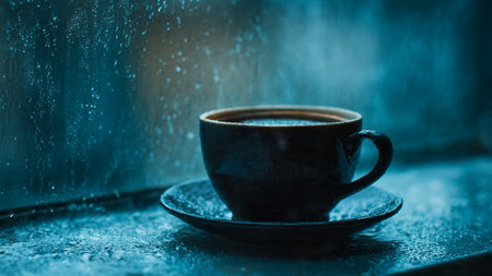 Coffee cup and saucer on the windowsill in the rain