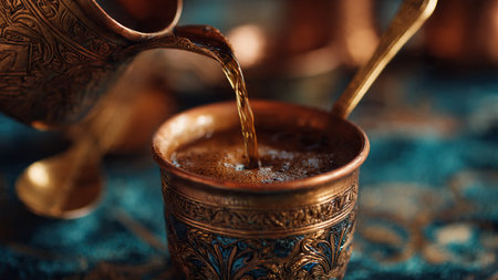 Turkish coffee in a copper cup on a blue tablecloth. Selective focus.の写真素材