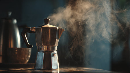coffee maker with steam on the table in coffee shop. vintage filterの写真素材