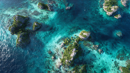 Aerial view of tropical island with coral reef and turquoise seaの写真素材