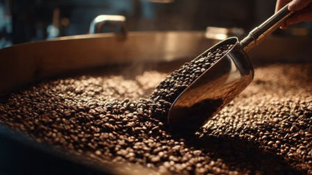 Coffee beans being roasted in a roasting pan on a coffee factory