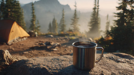 Cup of coffee in the mountains at sunrise. Camping conceptの写真素材