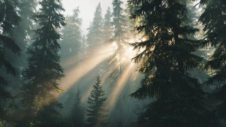 Foggy morning in the coniferous forest. Sun rays through the treesの写真素材