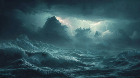 Stormy sea with lightning and storm clouds. 3d render illustrationの写真素材