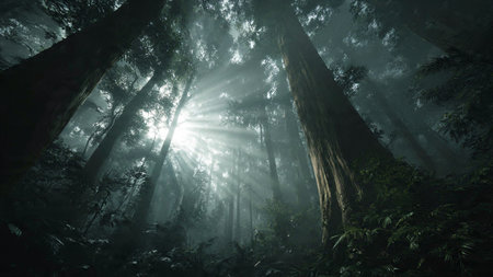 Sun rays through the mist in the Redwood Forest, California, USA