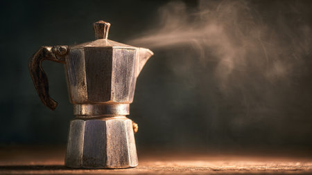 Coffee maker on wooden table with smoke background. Selective focusの写真素材