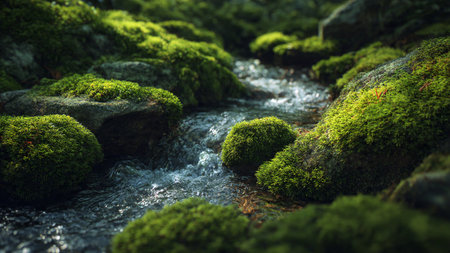 Mossy stones and stream in the forest. Selective focus.の写真素材