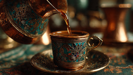 Turkish coffee in a cup on a table in oriental style.の写真素材