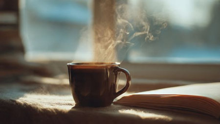 Cup of coffee and book on the windowsill in the morningの写真素材