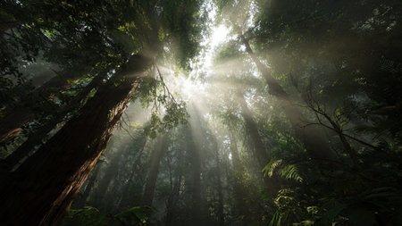 Sunlight in the rainforest of Redwood National Park, California